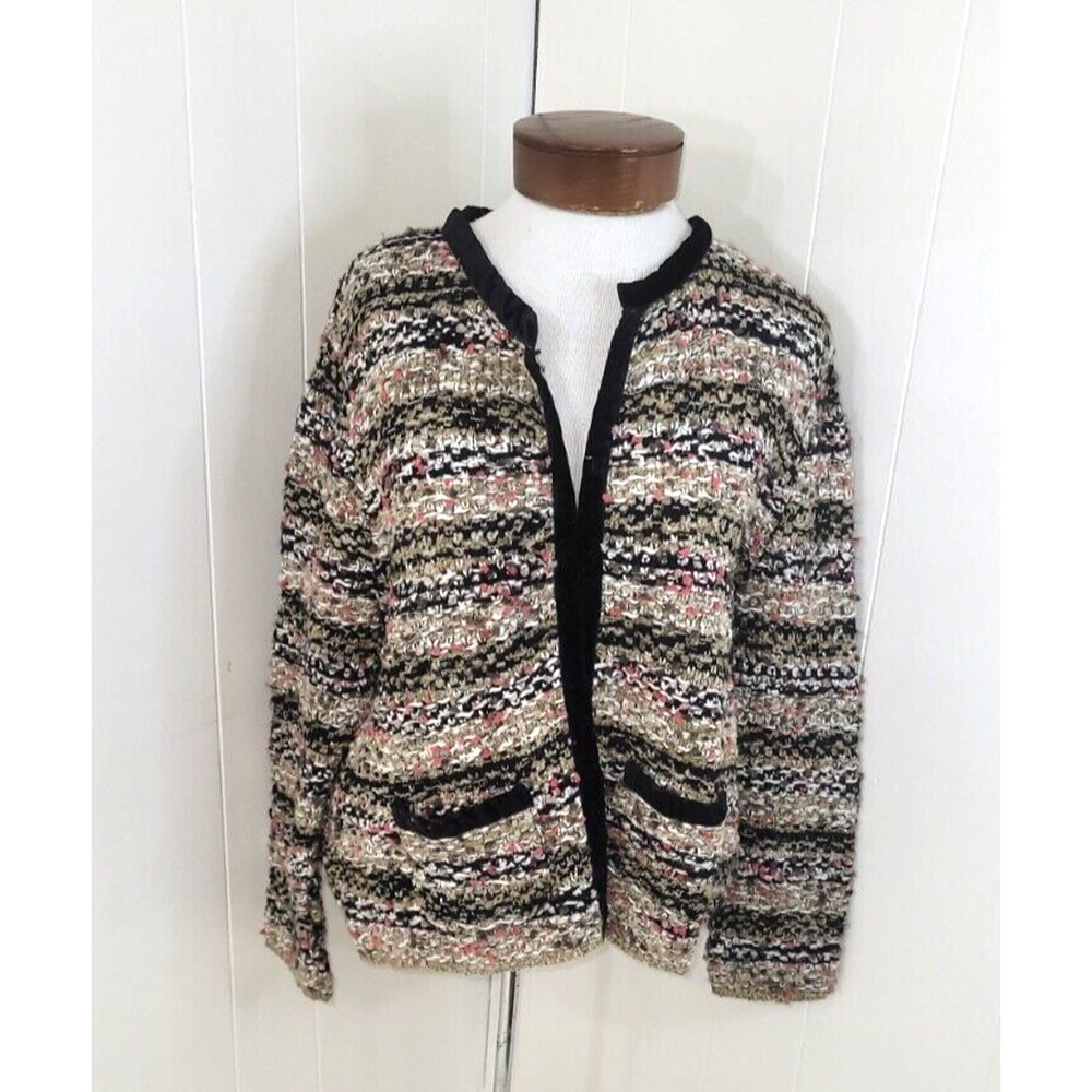 MNG Suit Womens XL Multi Color Fuzzy Look Velvet Trim Long Sleeve Open Cardigan